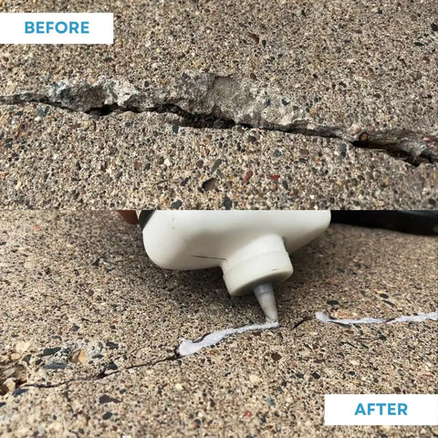 Gray Pourable Concrete Crack Filler for Driveways Slabs Sidewalks and More Quick Dry Liquid Cement Crack Sealer applied on pavement