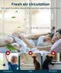4 Pack Window Security Bars, Adjustable From 11 To 18 Inches, installed on window with woman sleeping, kid, pet, and burglar shown in icons