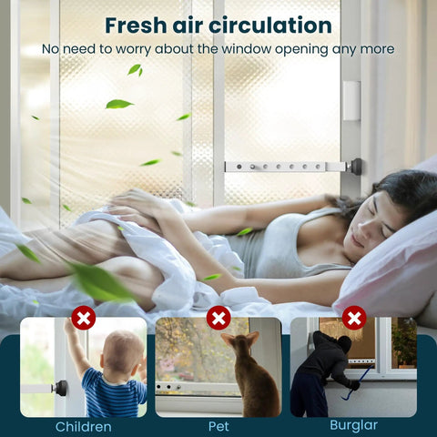 4 Pack Window Security Bars, Adjustable From 11 To 18 Inches, installed on window with woman sleeping, kid, pet, and burglar shown in icons