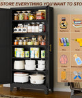 Tall Black Metal Storage Cabinet With Two Doors And Five Adjustable Shelves For Garage And Workshop, Heavy Duty Steel Tool Closet For Home Office Kitchen Pantry File Storage opened with pantry items