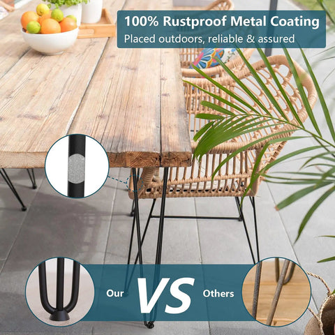Outdoor table with 18 Inch Hairpin Table Leg Set Of 4 With Solid Rods Metal Desk Legs, showing rustproof metal coating detail.