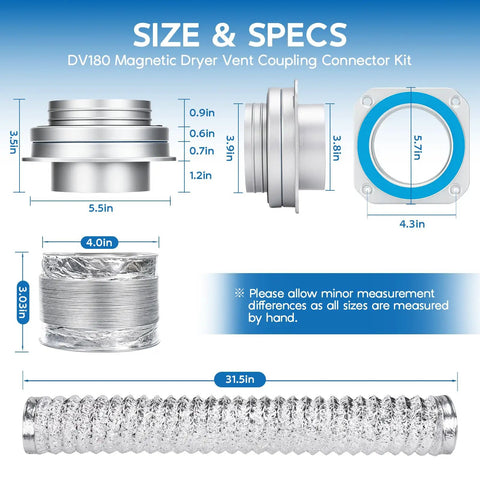 Magnetic Dryer Vent Connector Kit With Quick Connection, Airtight Seal, showing size specs of 4-inch aluminum hose and coupling