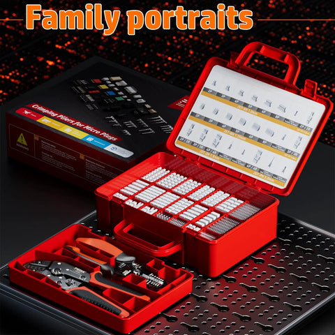 Pro Grade All In One JST Crimp Tool And Connector Kit with 30 types, pliers, wire stripper, and tweezers in a red case