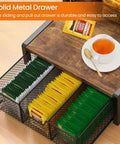 Industrial Rustic Tea Bag Organizer, 3 Tier Wood Storage Box With Drawer, Tea Bag Holder Stand For Countertop with tea cups and bags