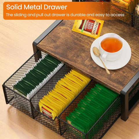 Industrial Rustic Tea Bag Organizer, 3 Tier Wood Storage Box With Drawer, Tea Bag Holder Stand For Countertop with tea cups and bags