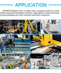 Automation equipment using Nema 23 Stepper Motor 23HS6403 in CNC routers, 3D printers, and robotics applications collage.