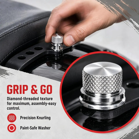 Heavy Duty 304 Stainless Motorcycle Seat Bolt Screw And Nut Kit Built For Hassle Free Swaps Featuring Diamond Knurling Grip close-up.