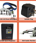 Badass Heavy Duty 2Hp Bench Belt Sander Providing Variable Speed Tuning For Sheet Metal Prep And Knife Crafts With Three Different Abrasive Strips Plus Curved Polishing Wheels 220V accessories and components including belts, plug, regulator and machine.
