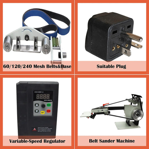 Badass Heavy Duty 2Hp Bench Belt Sander Providing Variable Speed Tuning For Sheet Metal Prep And Knife Crafts With Three Different Abrasive Strips Plus Curved Polishing Wheels 220V accessories and components including belts, plug, regulator and machine.