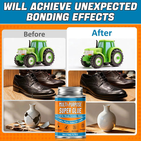 Heavy Duty Waterproof Super Glue Container With Built In Brush Applicator One Seventy Milliliter Size shown bonding toys and shoes.