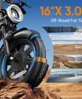Close-up of Beastly 1000W Peak Motor Fat Tire Electric Bike wheel on rocky terrain, showcasing 16x3.0" off-road flexibility.
