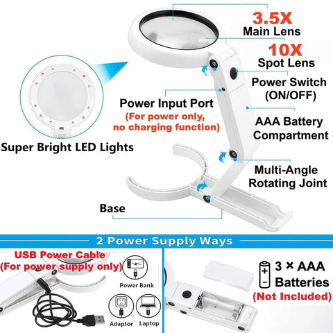 Lighted Desk Magnifier With Stand And Foldable Arm, 3.5x Primary Lens Plus 10x Loupe, LED Brightness Adjustable, Power Input Port
