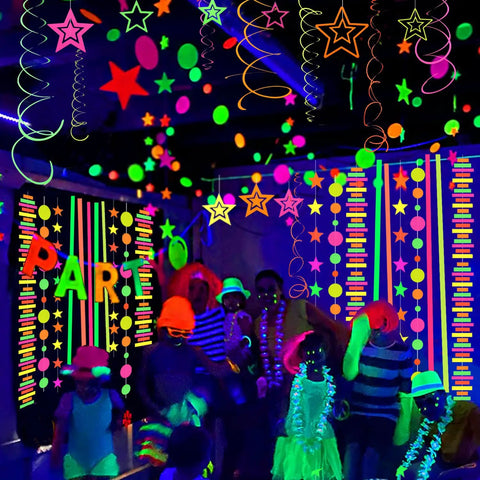 60 Feet UV Neon Streamers Glow Garland Kit For Parties and Events Hanging Blacklight Reactive Decor in party setting