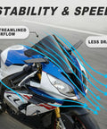 Carbon Fiber Black Motorcycle Winglets on blue bike, showcasing aerodynamic airflow for stability and speed, glossy self-adhesive fairing wings