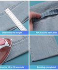 No Sew Iron On Hemming Tape Roll 2 Cm By 70 Yards used on denim with iron, measuring tape, and completed hem shown in four steps.