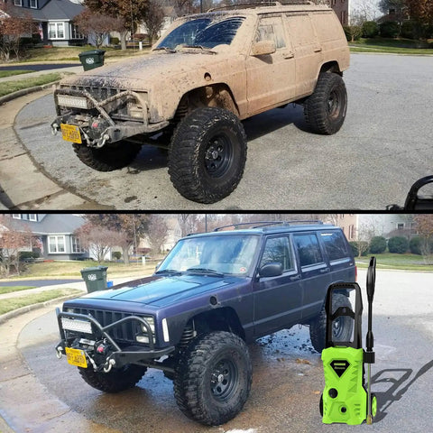 Before and after car wash using Powerful Electric Pressure Washer 2.6 GPM, 1500W High Pressure Cleaner With 4 Nozzles, Bright Yellow