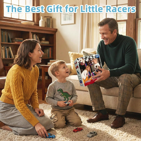 Family enjoying Endless 15 Foot Flexible Race Track For Kids, showing box with dual color track, ideal racing toy for toddlers.