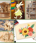 Unfinished basswood craft sheets collage: wood ornaments, puzzle pieces, miniature houses, and a floral painting.