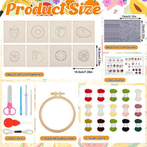 8 Piece Fruit Punch Punch Needle Coaster Kit For Adults Beginners DIY Embroidery Set With Yarns Hoops And Tools display.