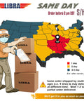 Shipping map of USA with delivery zones and masked worker handling boxes, emphasizing fast shipping process and Libra branding.