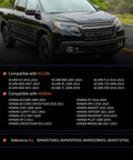 Black truck on road with compatibility list for Acura and Honda vehicle models in text overlay.
