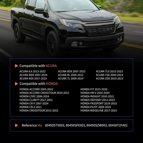 Black truck on road with compatibility list for Acura and Honda vehicle models in text overlay.