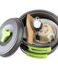 Backpacking Cooking Kit 10 Piece Non Toxic Anodized Aluminum Camp Cookware Set with utensils and green handles
