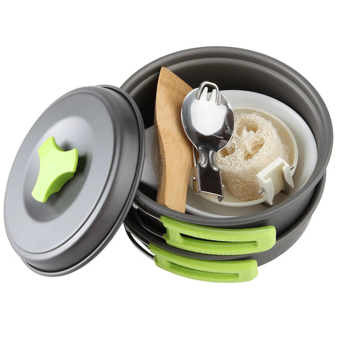 Backpacking Cooking Kit 10 Piece Non Toxic Anodized Aluminum Camp Cookware Set with utensils and green handles