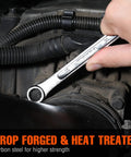 Hand using wrench from Heavy Duty 20 Piece Wrench Set Metric And SAE Includes Quarter Inch To Three Quarter Inch And 6 To 18mm Wrenches One Piece Carbon Steel Construction Chrome Plated For Rust Resistance 12 Point Box Ends Roll Up Pouch For Easy Storage on engine