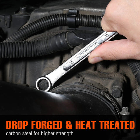 Hand using wrench from Heavy Duty 20 Piece Wrench Set Metric And SAE Includes Quarter Inch To Three Quarter Inch And 6 To 18mm Wrenches One Piece Carbon Steel Construction Chrome Plated For Rust Resistance 12 Point Box Ends Roll Up Pouch For Easy Storage on engine