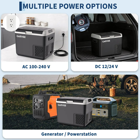 12 Volt Portable Car Refrigerator And Compressor Cooler With 19 Quarts showcasing multiple power options and versatility for car and home use.