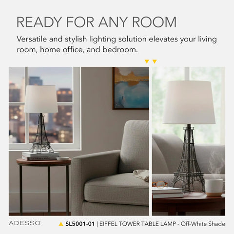 Parisian Eiffel Tower Themed Novelty Table Lamp With Fabric Shade on a side table in a stylish living room setting.