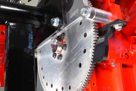 Close-up of LS Swap Torque Converter Hub Adapter for Non-LS Transmissions to LS and LT Engines installed on flywheel and crank hub.