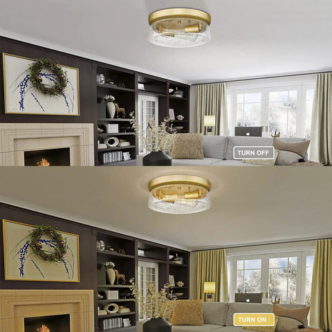 12 Inch 2-Light Modern Gold Flush Mount Ceiling Light With Seeded Glass shown in a living room, brushed champagne finish, on and off