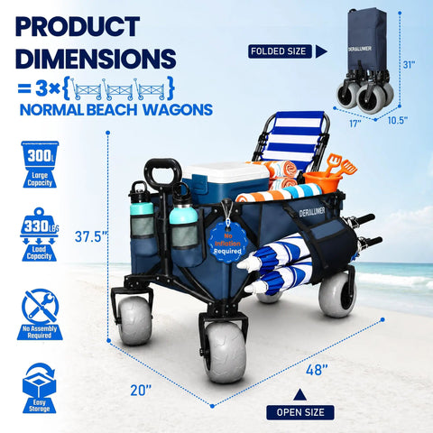 Beast Heavy Duty Beach Wagon With 9x4 All Terrain Sandproof Wheels, 300L Oversized Foldable Cart And Side Bag, navy color