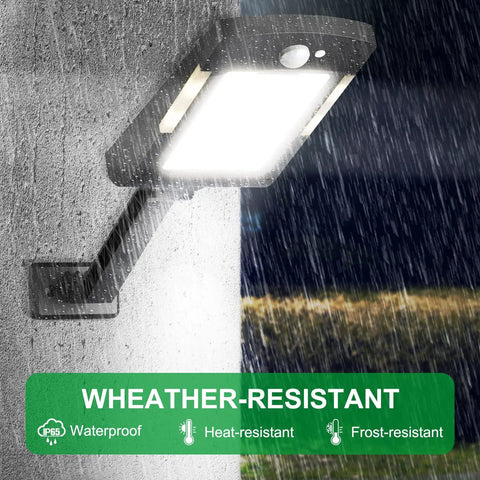 Solar Powered Outdoor LED Lights With Motion Sensor, 48 LEDs Flood Light, showing weatherproof design in rain, mounted on wall.