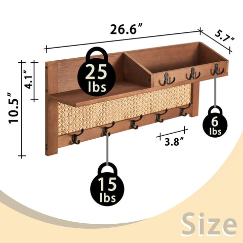 Wall Mount Coat Rack With Hooks And Shelf Made From Natural Pine And Woven Rattan A Boho Chic Entryway Organizer for hanging coats.
