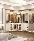 Legit Heavy Duty L Shaped Closet System With Six Roomy Drawers Plus Four Sturdy Hanging Rods Corner Tower Module For Walk In Wardrobe Setup in modern white closet.