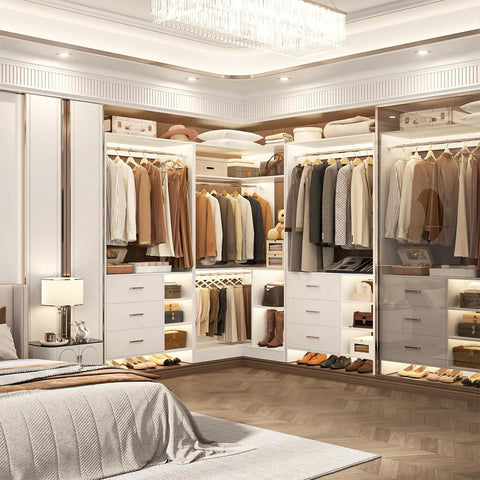 Legit Heavy Duty L Shaped Closet System With Six Roomy Drawers Plus Four Sturdy Hanging Rods Corner Tower Module For Walk In Wardrobe Setup in modern white closet.