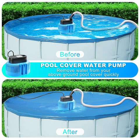 Above Ground Pool Cover Pump Submersible Sump Pump For Draining Water Fast 850 GPH Blue on pool cover demonstrating water removal