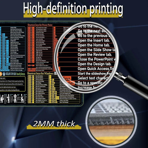 Close-up of Excel Shortcut Desk Pad with high-definition printing, showing 2mm thickness and various PowerPoint and Windows shortcuts