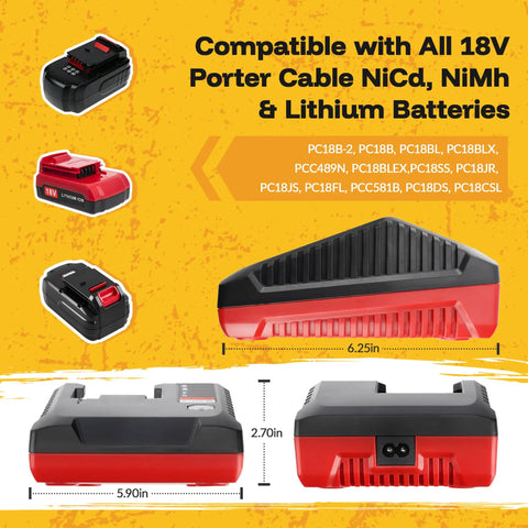 Heavy Duty 18V Battery Charger With 3.0A No Sweat Fast Charging For All Porter Cable 18 Volt Cordless Power Tools, showing dimensions and compatibility.