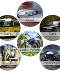 Collage image featuring categories like cars, boat, truck, lawn mower, and motorcycle.