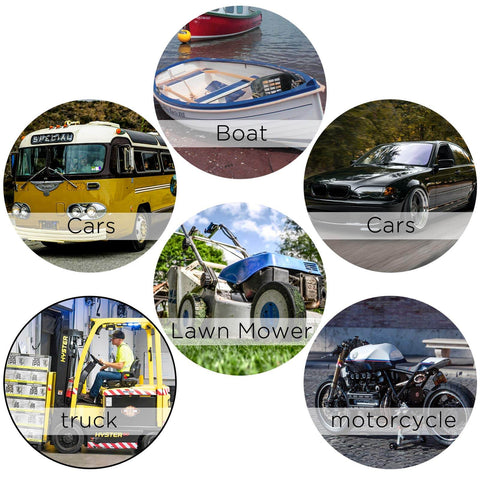 Collage image featuring categories like cars, boat, truck, lawn mower, and motorcycle.