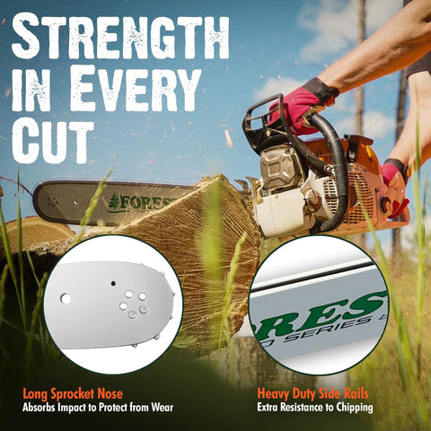 18 Inch Chainsaw Bar And Chain Replacement Kit With A074 Mount For Stihl Lightweight Laminated Steel 325 Pitch 063 Gauge 68 Drive Links Beefed Up Durable Bar And Chain Set For Tough Cutting shown cutting tree wood with close-ups.