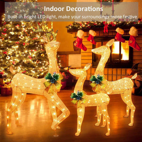 Lighted Outdoor Reindeer Family Set For Christmas 3 Piece Yard Decor With 230 Warm White LEDs Includes 64 Inch Buck 49 Inch Doe And 37 Inch Fawn Easy Setup With Stakes And Zip Ties For Festive Holiday Lawn Display visible in indoor setting