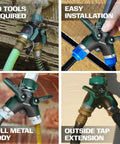 Two Way Hose Splitter Heavy Duty Outdoor Faucet Connector With Shut Off Valve All Metal Y Adapter For Garden Watering Leak Free Dual Outlet Spigot Splitter With Easy Grip Handles And Durable Weatherproof Build installed on outdoor taps
