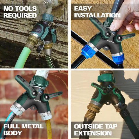 Two Way Hose Splitter Heavy Duty Outdoor Faucet Connector With Shut Off Valve All Metal Y Adapter For Garden Watering Leak Free Dual Outlet Spigot Splitter With Easy Grip Handles And Durable Weatherproof Build installed on outdoor taps