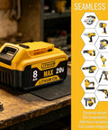 Rock Solid Heavy Duty 2 Pack 8 Ah Rechargeable Lithium Ion Battery Compatible With DeWalt 20V Max Power Tools on wooden workbench.