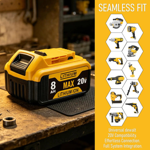 Rock Solid Heavy Duty 2 Pack 8 Ah Rechargeable Lithium Ion Battery Compatible With DeWalt 20V Max Power Tools on wooden workbench.